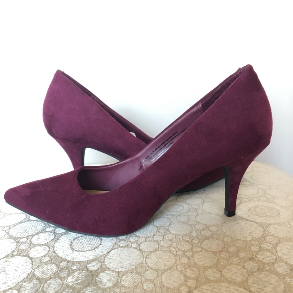 Wine, burgundy colored faux suede heels